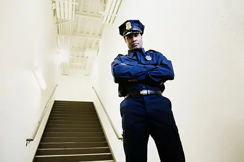 A man in uniform standing on the stairs.